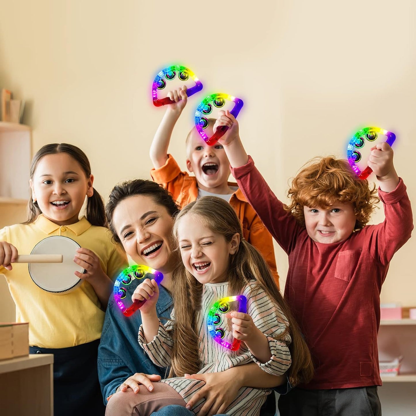 Aywewii LED Tambourine, Light Up Toys Handheld Musical Flashing Tamborine Sensory Toys Autism Toys Party Supplies for Birthday Anniversaries Gifts for Kids Adults Teens (6 Pack)