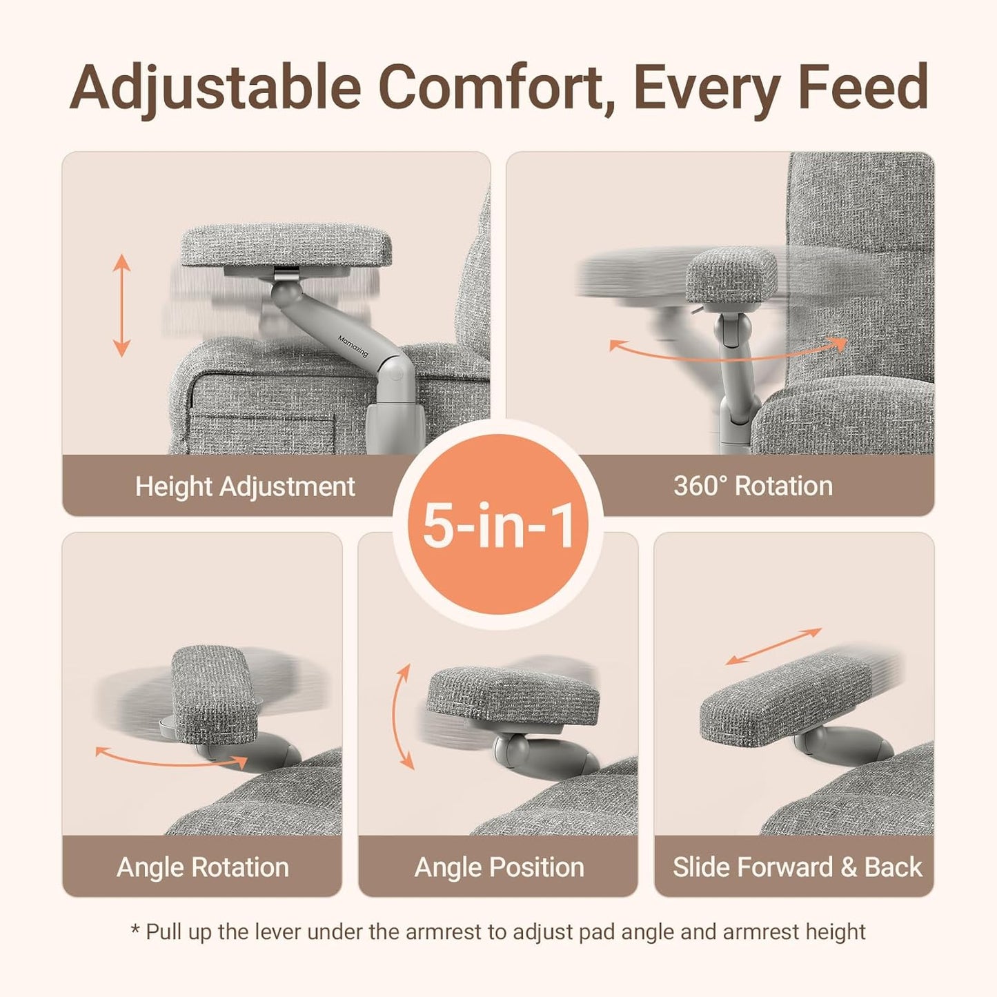 Nursery Swivel Glider Recliner Chair with Adjustable Armrests & Headrest, Rocking Chair Nursery with Removable Cover for Breastfeeding, FSC & Oeko-TEX Certified, Grey