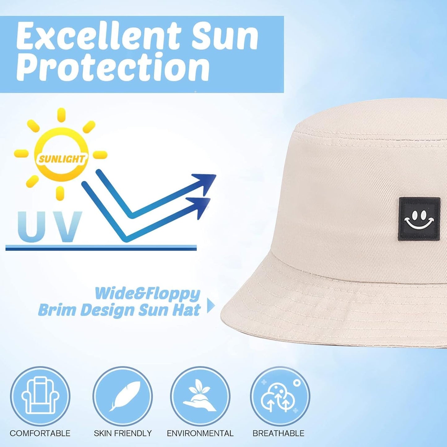Kids Sun Hat Smile Face Bucket Hat for Girls Boys Summer Sun Protection Cotton Unisex Beach Cap