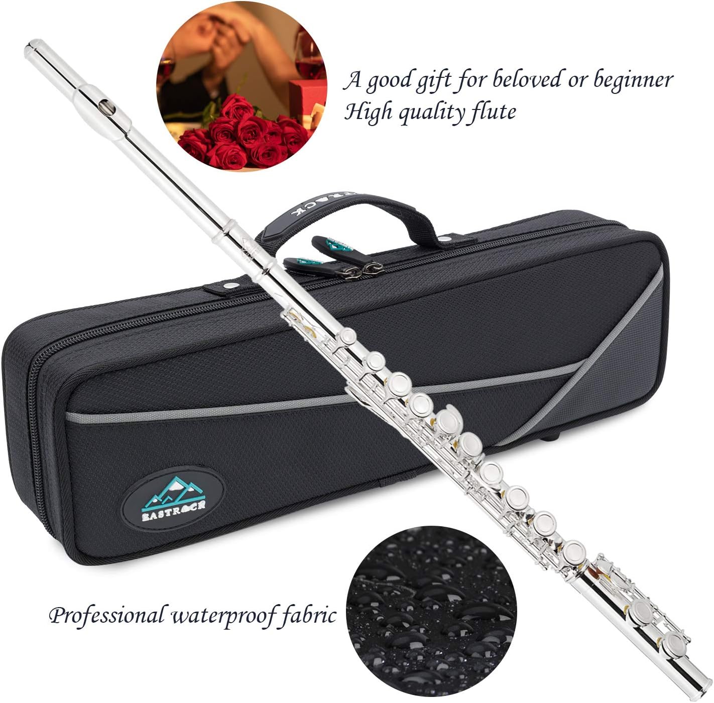 EASTROCK Silver Plated Flute Instrument for Beginner Kids Student，Closed Hole Flutes 16 Keys C Flute with Carrying Case,Stand，Cleaning kit，Gloves，Tuning Rod(Silver Plated)