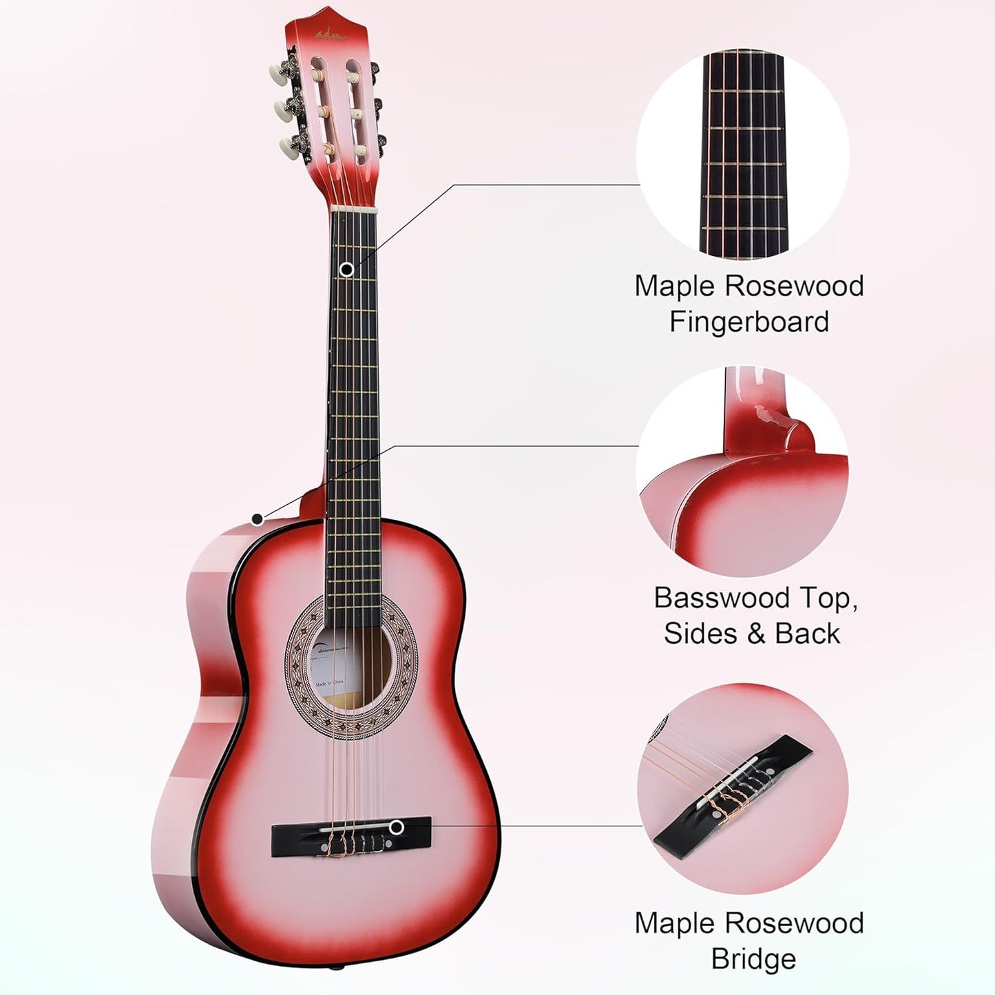 ADM Beginner Acoustic Classical Guitar 34 Inch Nylon Strings Wooden Guitar Bundle Kit for Kid Boy Girl Student Youth Guitarra Online Lessons with Gig Bag, Strap, Tuner, Strings, Picks, Pink