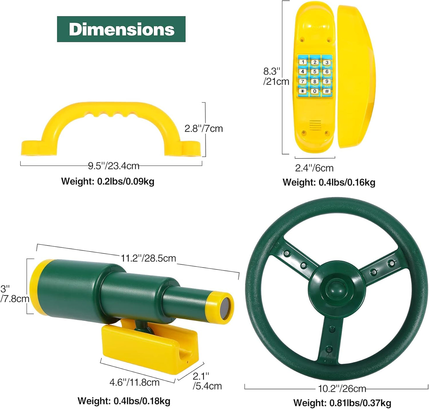RedSwing Playground Accessories for Kids, Outdoor Swingset Attachments with Pirate Ship Wheel, Toy Telescope, Telephone and Safety Handles (Yellow and Green)