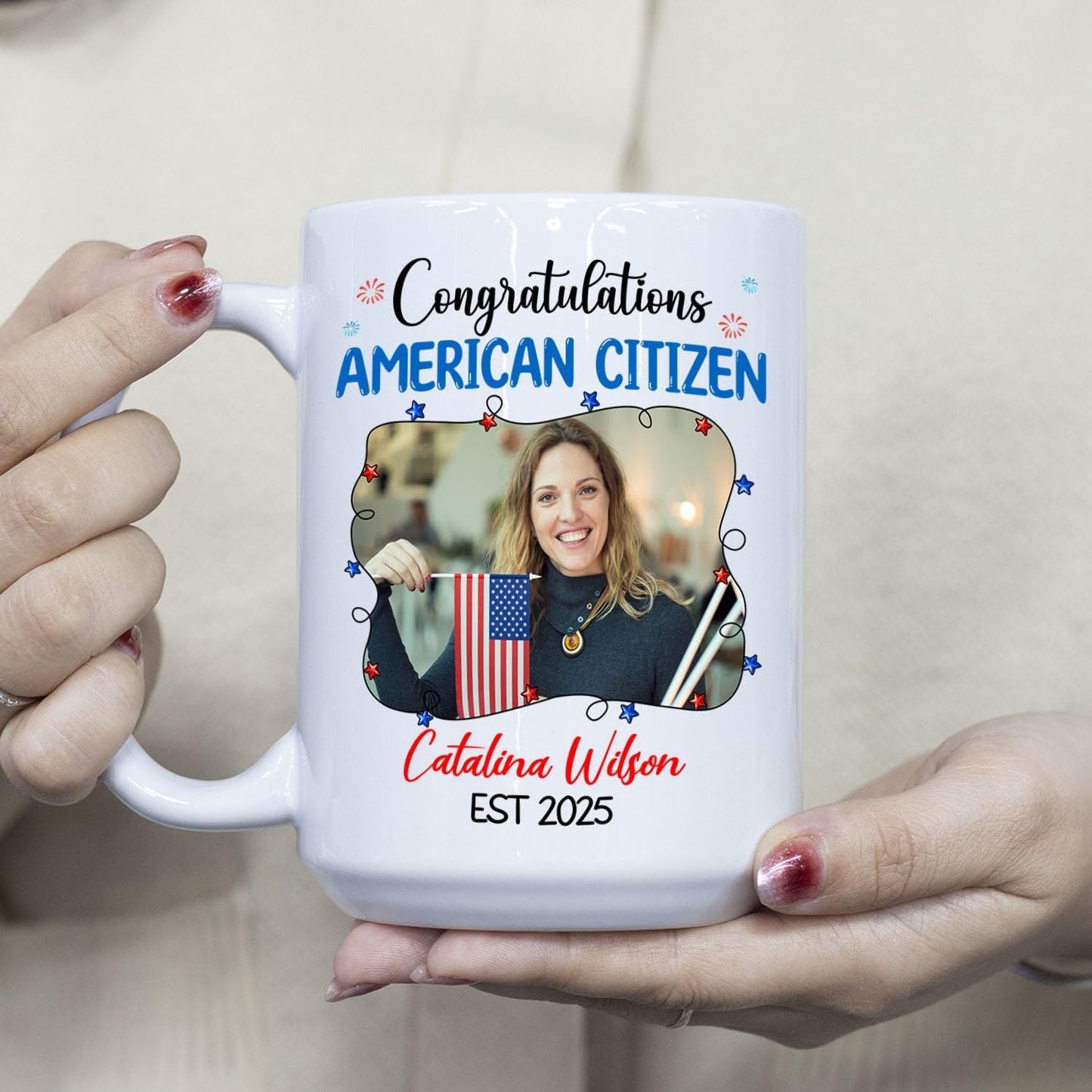 Congratulations American Citizen Coffee Mug, Customized Name Photo & Year On Citizenship Celebration White Cup Gift For Family Friend Coworker, Personalized Picture New US Citizen Ceramic Mug 11 15Oz