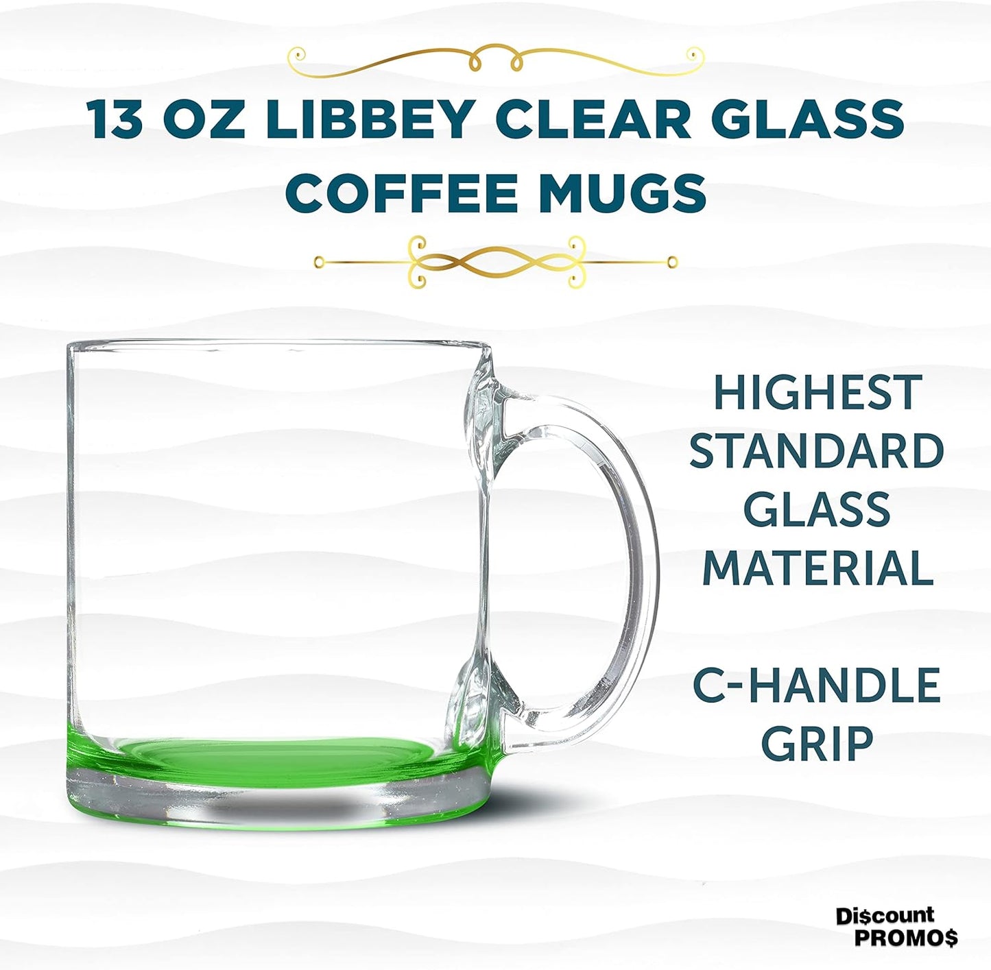 Libbey Clear Glass Coffee Mugs 13 oz. Set of 10, Bulk Pack - Perfect for Coffee, Tea, Espresso, Hot Cocoa, Other Beverages - Green Bottom