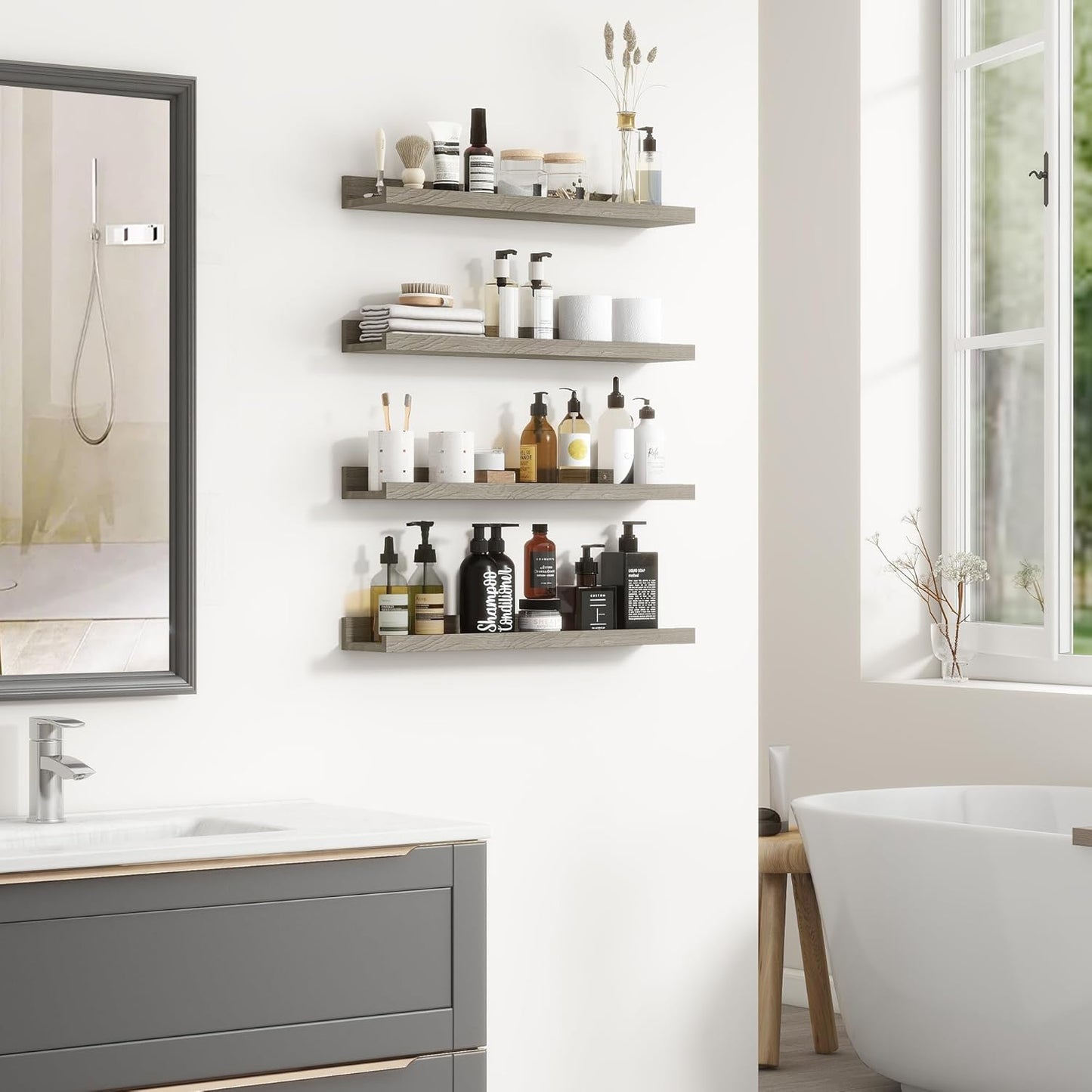 Picture Ledge Shelf - 24 Inches Floating Shelves Set of 2 - Rustic Elm Wood Ledge Shelves for Toys Storage, Kids Bookshelf Wall Mounted for Bedroom, Living Room, Kitchen - 24 Inches - Grey