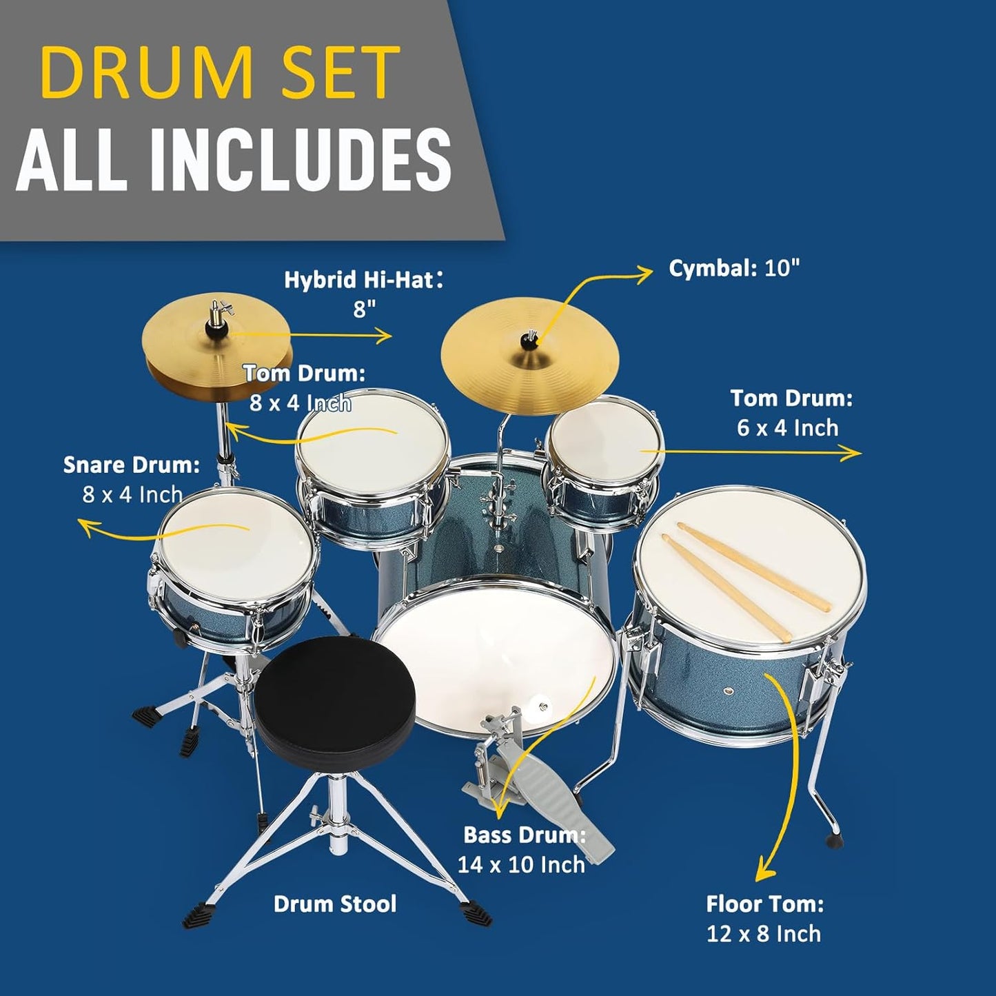 Ktaxon 5-Piece Complete Junior Drums Set, 14 Inch Beginners Drum Kit with Throne Stool, Pedal & Drumsticks, Kids Drums Musical Instruments W/Cymbal, Hi-Hat, Floor, Tom and Snare Drum (Blue)