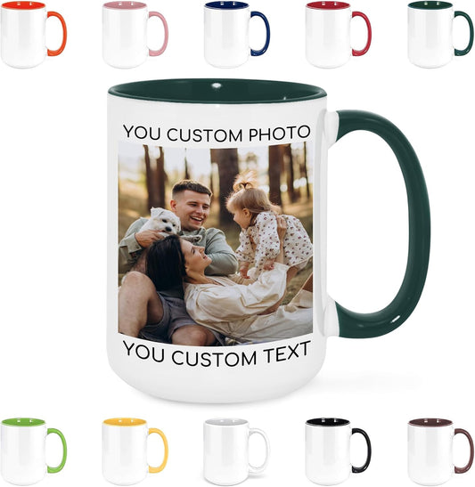 Custom Mug Upload Your Picture Personalized Coffee Mug with Photo Text Name Customized Cup Unique Ideas Gifts for Men Women Mom Dad Girlfriend Boyfriend Friend Family (Dark Green, 15oz)