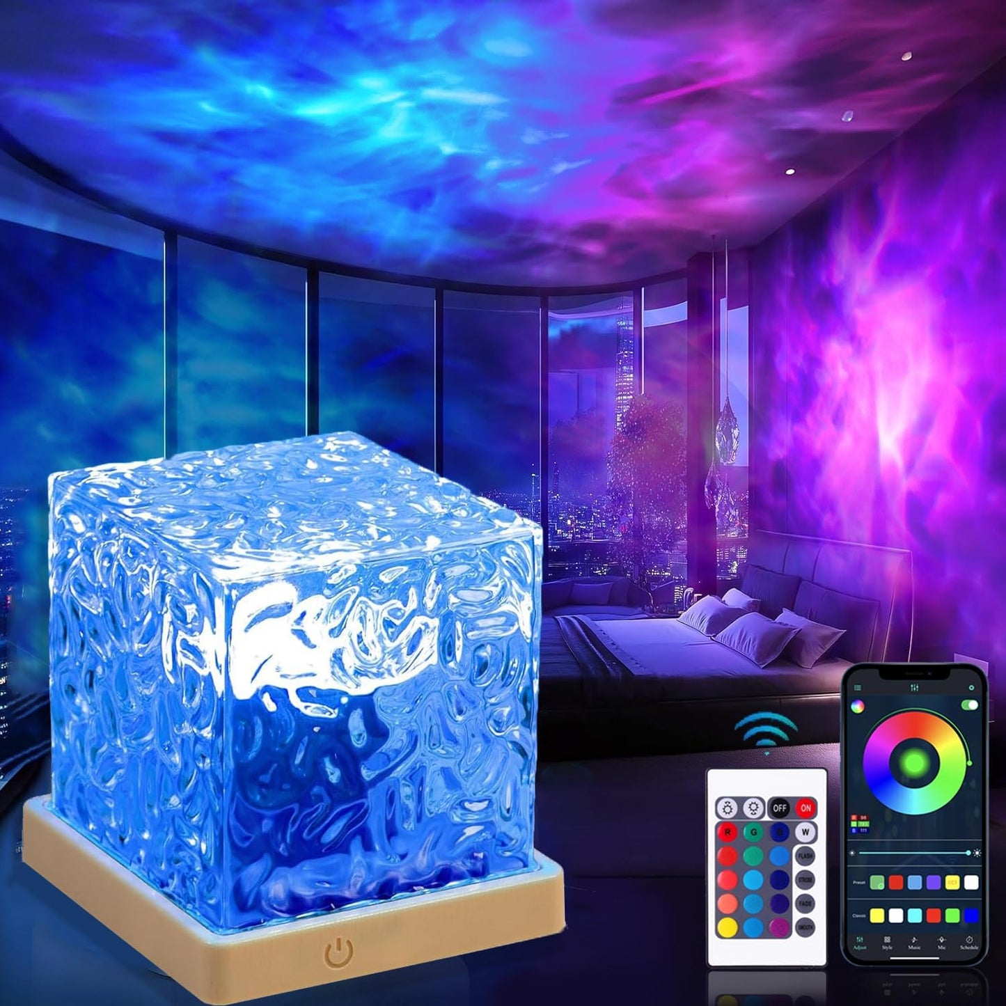 Ocean Lamp Water Light Projector - Water Ripple Projector Light Cube Aurora Northern Lights Wave Ripple Night Light for Bedroom (16 Colors)