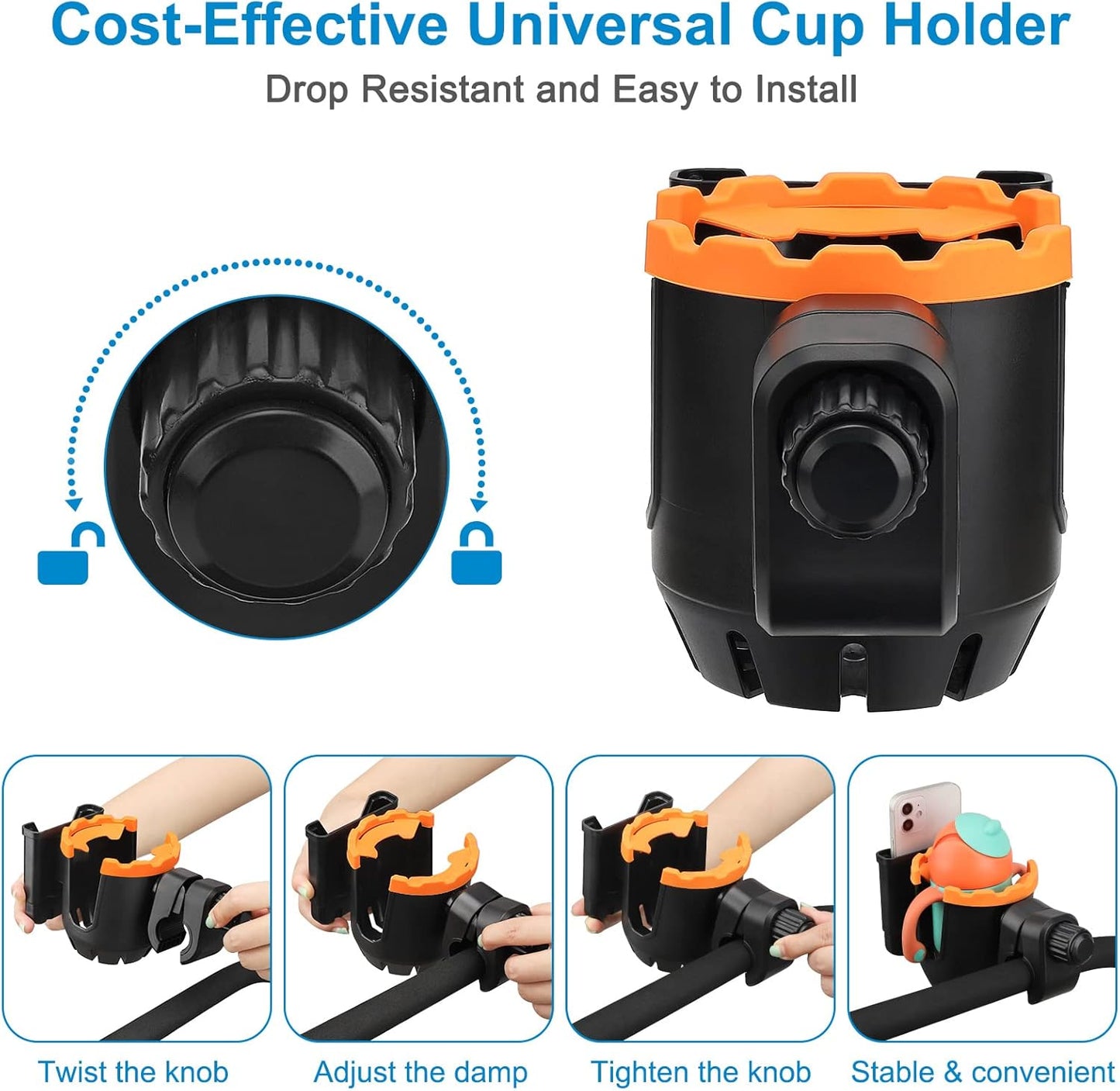 Accmor Stroller Cup Holder with Phone Holder, Universal Cup Holder, Bike Cup Holder, 360° Rotatable Large Caliber Drinks Holder for Stroller, Bike, Wheelchair, Walker