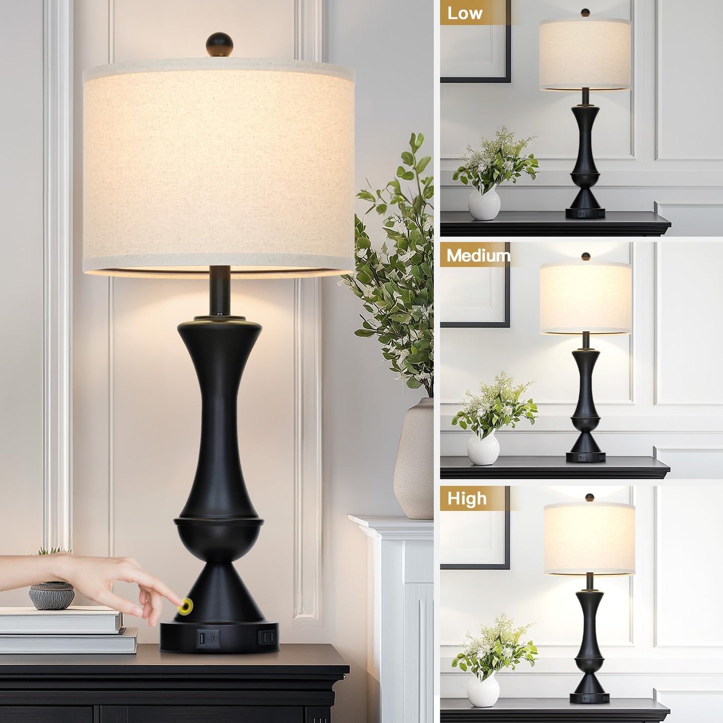 29" Black Tall Table Lamps for Living Room, Touch Control Bedroom Lamp with USB A+C Ports, 3-Way Dimmable Bedside Table Lamps Set of 2, Modern Metal Lamp for Nightstand