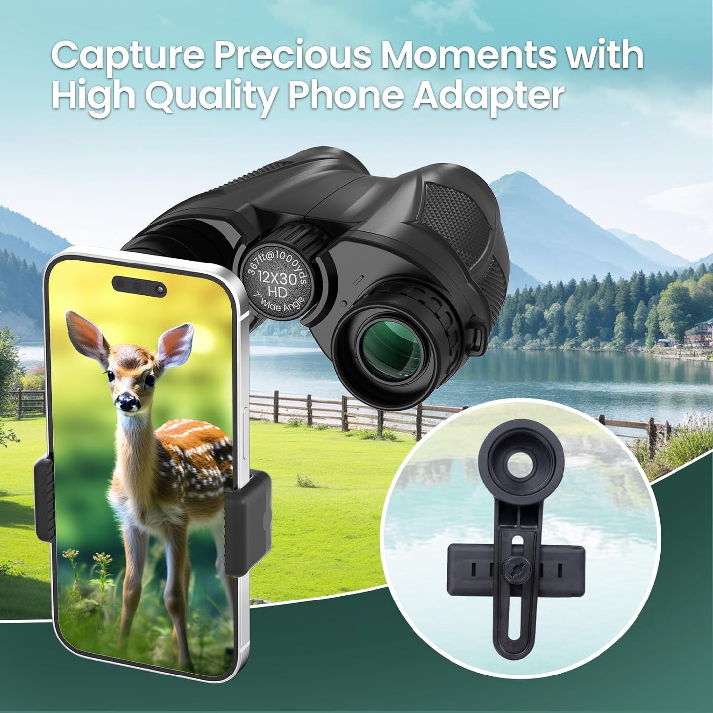 12x30 Compact Binoculars for Adults and Kids, High Power Lightweight Small Binoculars with Phone Adapter for Cruise Ship Hiking Bird Watching Sports Safari Viewing Football Sports Concert