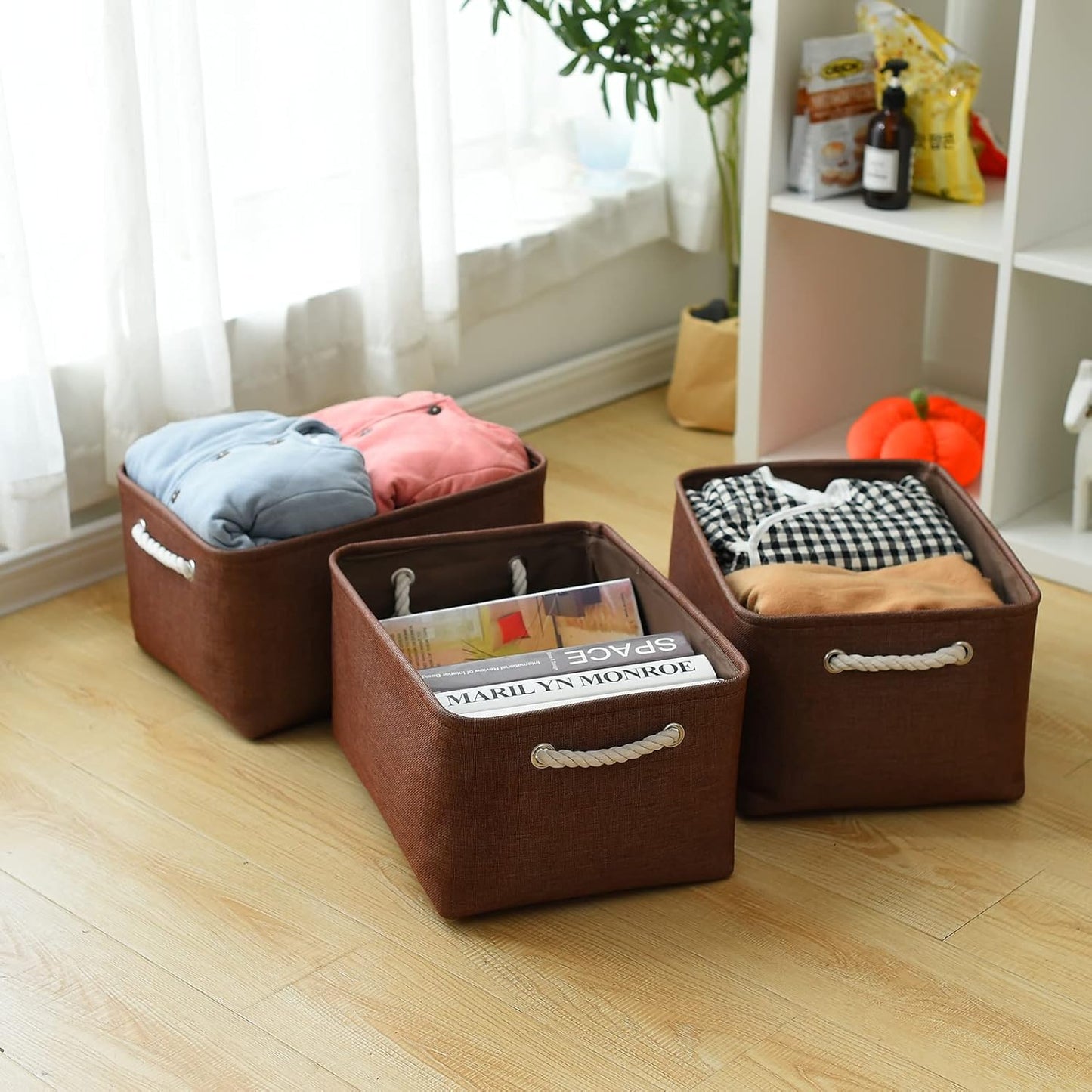TheWarmHome Decorative Basket Rectangular Fabric Storage Bin Organizer Basket with Handles for Clothes Storage (Brown,Large-3Pack,15.7L*11.8W*8.3H)
