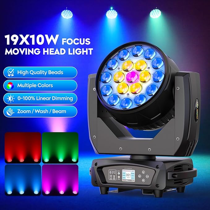 2PCS 19x10W Moving Head Light with Flight Case Focusing/Beam/Wash/Zoom Effect Stage DJ Lights 4-in-1 LED DMX512 & Sound Activated Control for DJ Disco Nightclub KTV Bar Theater Shopping Mall