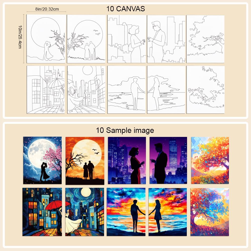 WEBEEDY 10 Pcs Sip and Paint Canvas Set Pre Drawn for Painting, Valentines Painting Kit for Couples Date Night, Art Painting Supplies, Home Date Night Activity, Sip Party Decor, 203x245mm/8x10