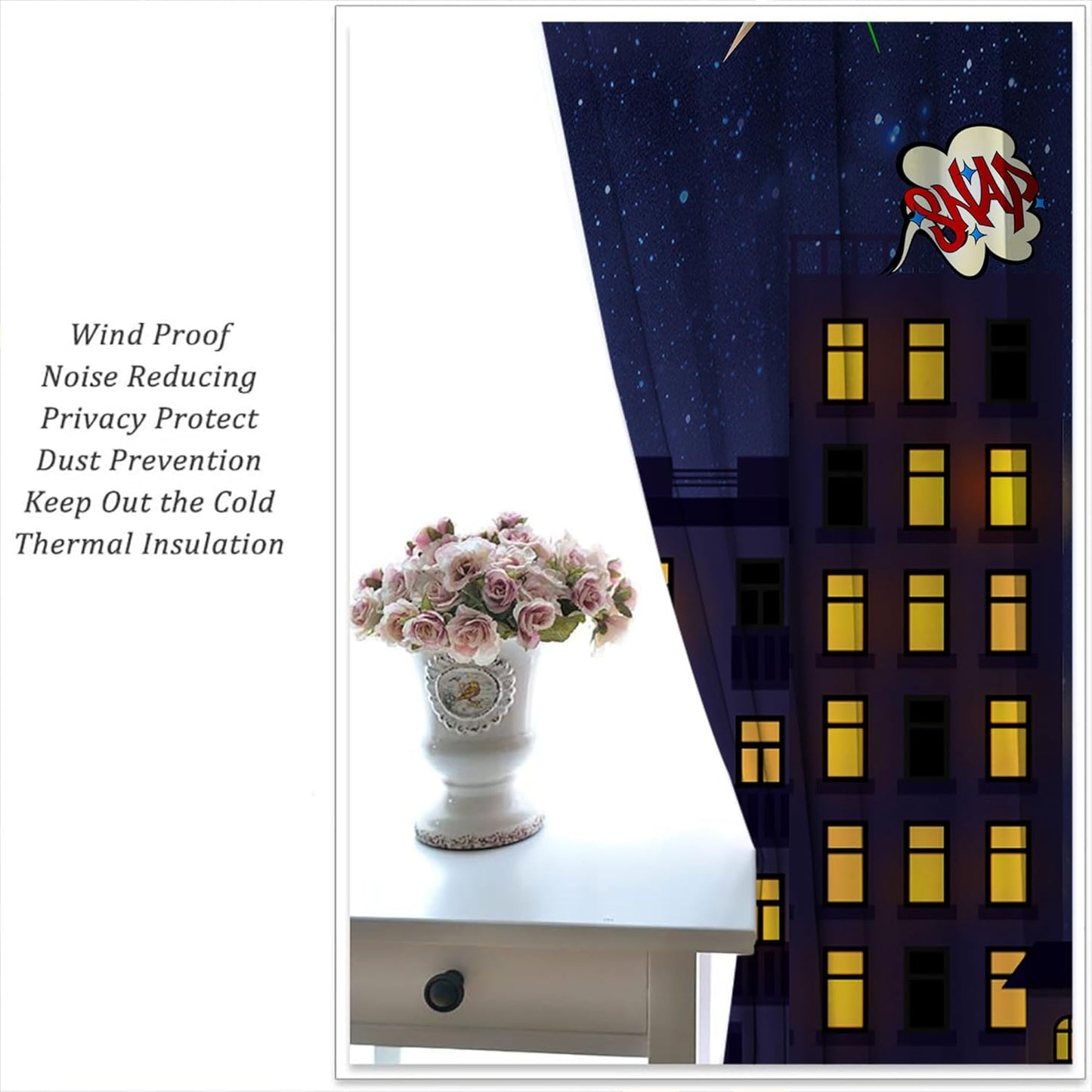 Super Hero Rod Pocket Blackout Curtains for Boy Girl Bedroom, Exploding City Starry Cartoon Skyline Home Energy Efficient Light Filtering Window Curtain for Living Room, 63x63 inch