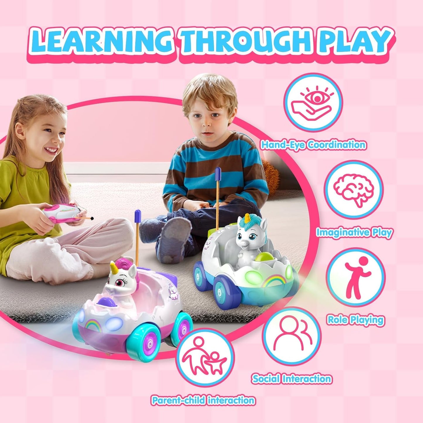 Remote Control Car for Toddlers 18m+ Unicorn RC Cars Toys with LED Lights & Music for Toddler Cute Birthday Gifts Toys Pink