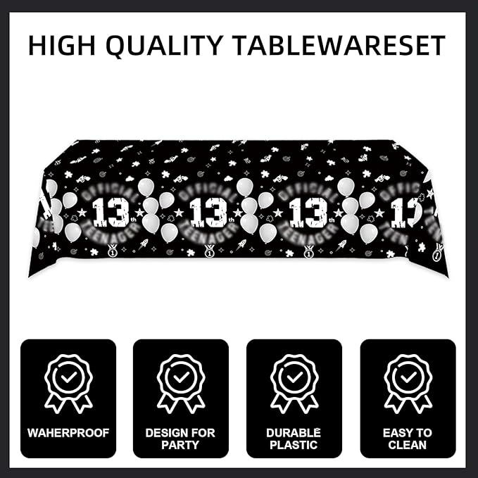 123pcs 13th Party Decorations,13th Silver Black Birthday Banner,Flags,Paper,cups,Straws,Forks,Cake Toppers,Dessert plates,Tablecloths and dinner plates,Officially a Teenager 13th Birthday Supplies