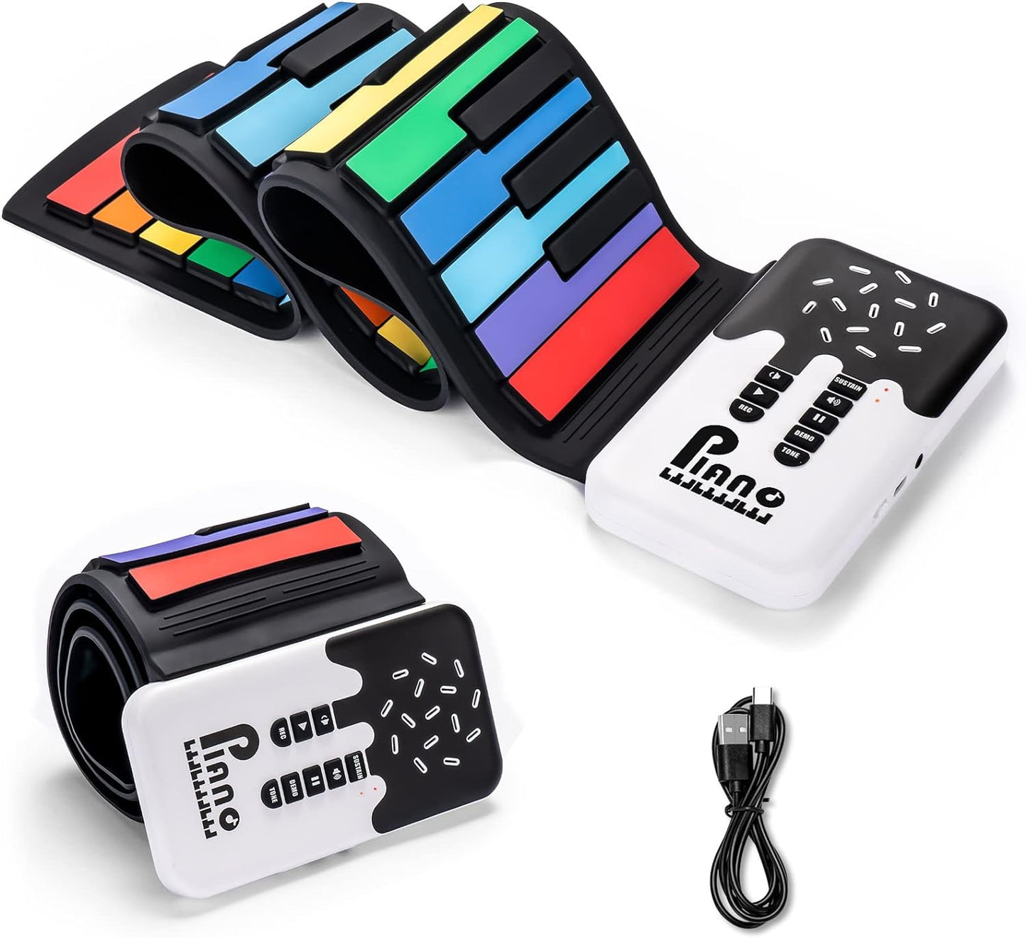 49 Key Roll Up Keyboard Piano, Portable Digital Electric Foldable Piano Keyboard, Rechargeable, 8 Tones, 6 Educational Demo Songs, for Beginners Gift (Rainbow)