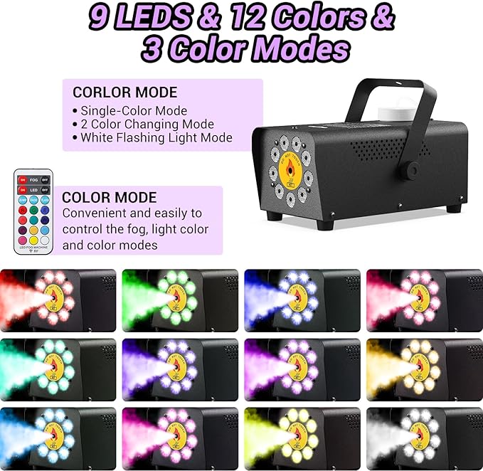 Smoke Machine, Theefun Fog Machine 450w 2500CFM with 9 LED 12 Color Lights Portable 500ml Tank No Liquid Included Stage Smoke Machine Fog Indoor with Wireless Remote Control for Wedding DJ Party