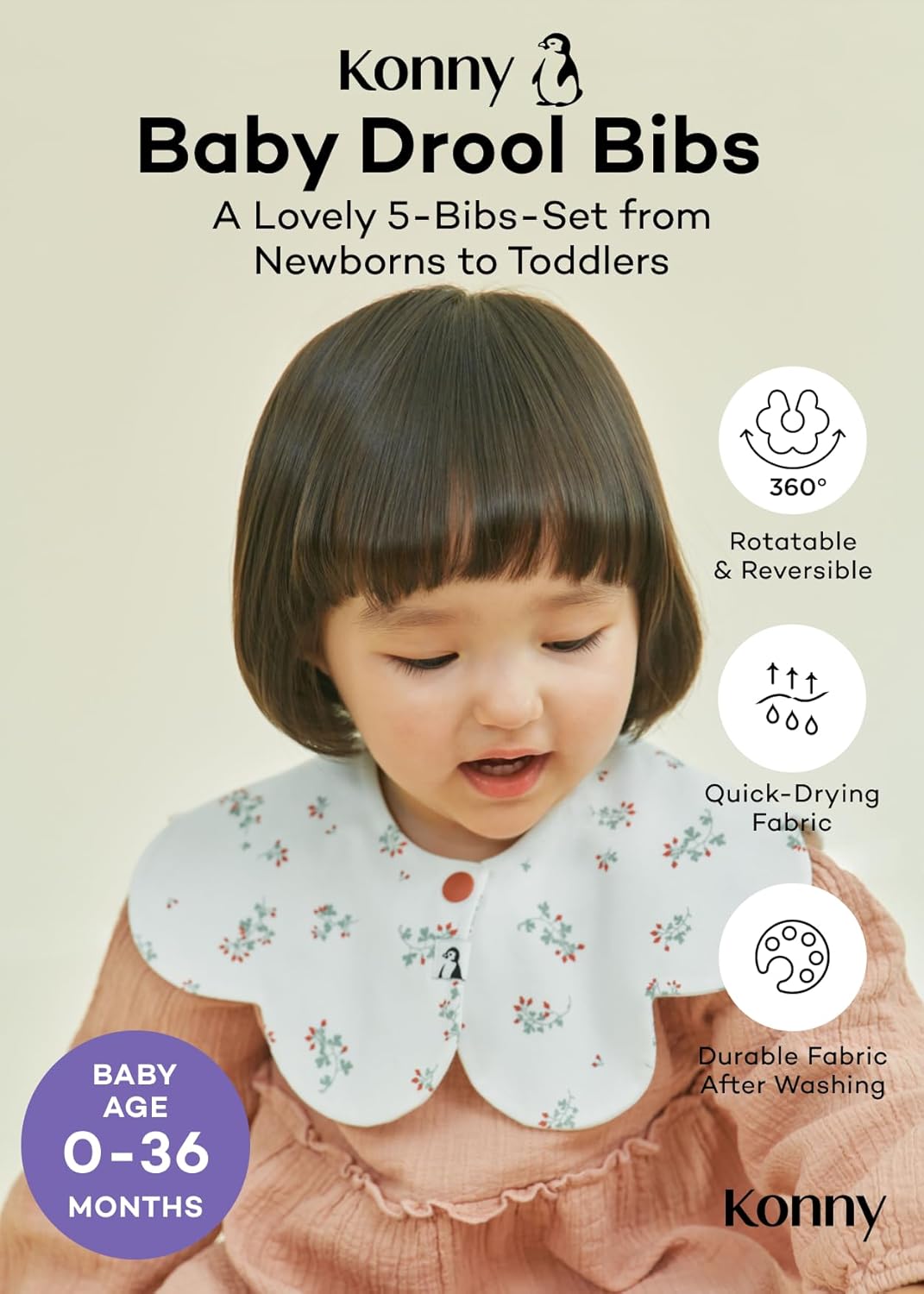 Konny Baby Bibs 5-Pack, 360 ° Rotate, Soft and Absorbent Bandana Drooling for Boys Girls baby Essentials
