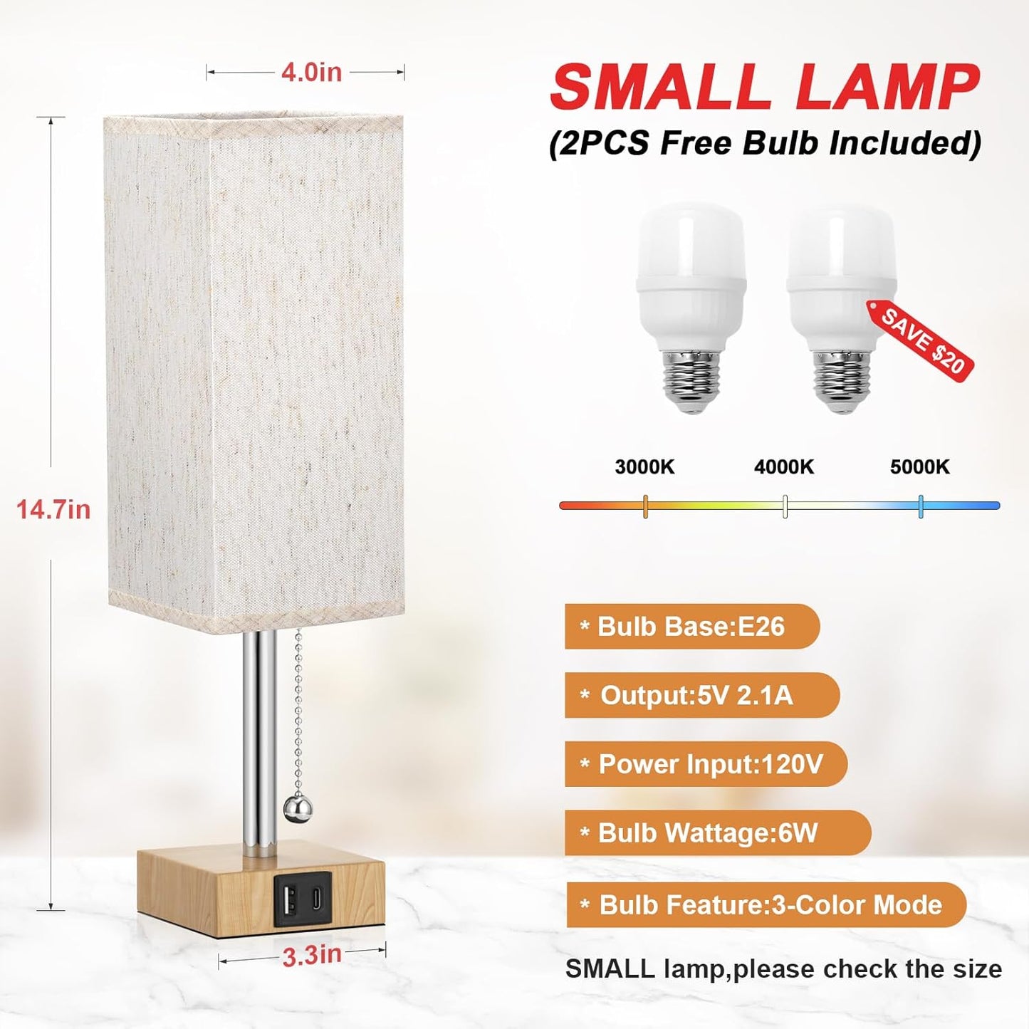 Wood Grain Bedside Table Lamps Set of 2 - Bedroom Lamps with 3 Color Temperatures (3000K/5000K/4000K), Square Nightstand Lamp with USB C + A Charging Ports