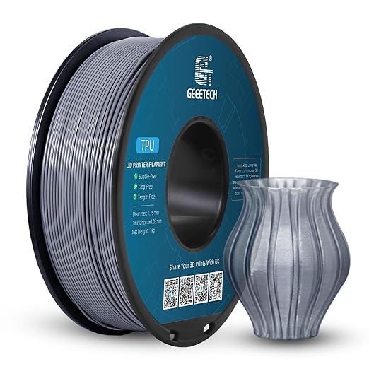 Geeetech TPU Filament 1.75mm, Shore 95A Flexible 3D Printer Filament with High Elasticity, 1KG (2.2lbs) Spool, Dimensional Accuracy ±0.03mm, Fits Most FDM Printers (Clear Silver)