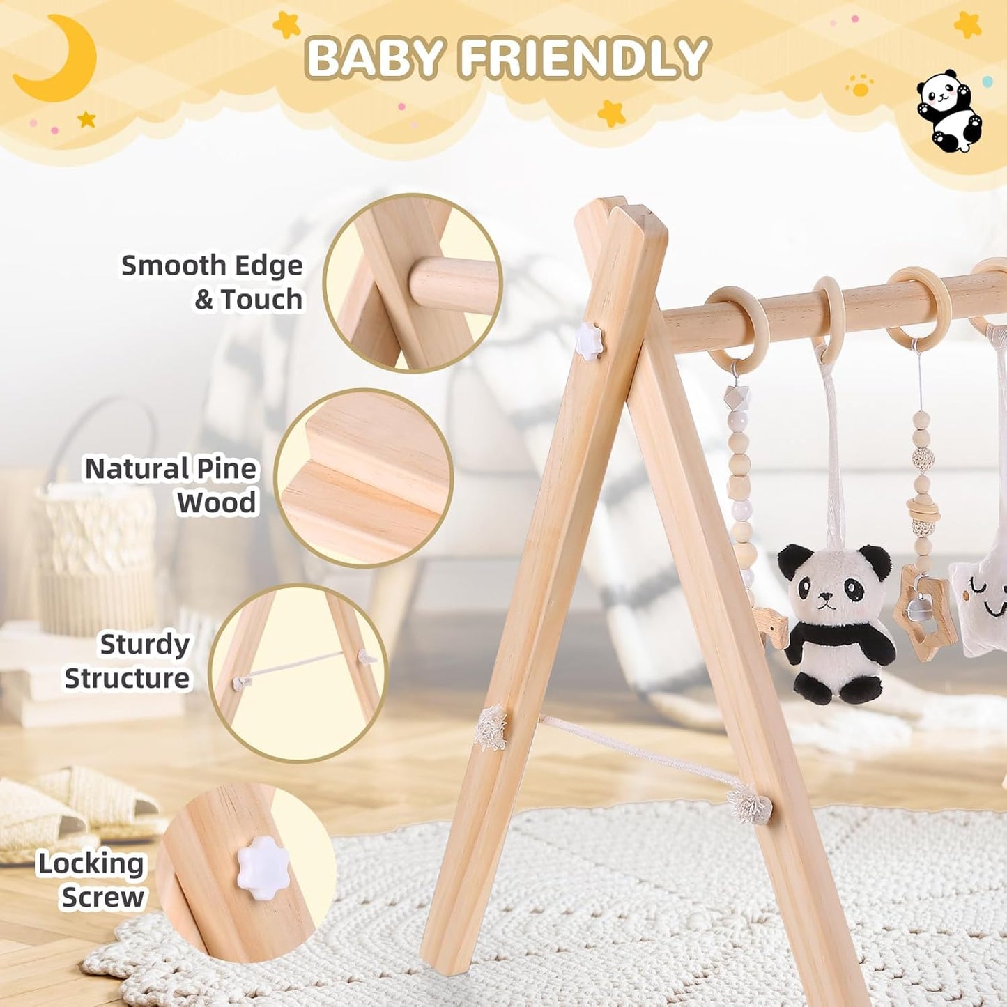 Wooden Play Gym with Mat, Foldable Baby Activity Gyms for Infants Newborn Baby Girl and Boy, Tummy Time Baby Infant Toys 0-6 6-12 Months (Rabbit)