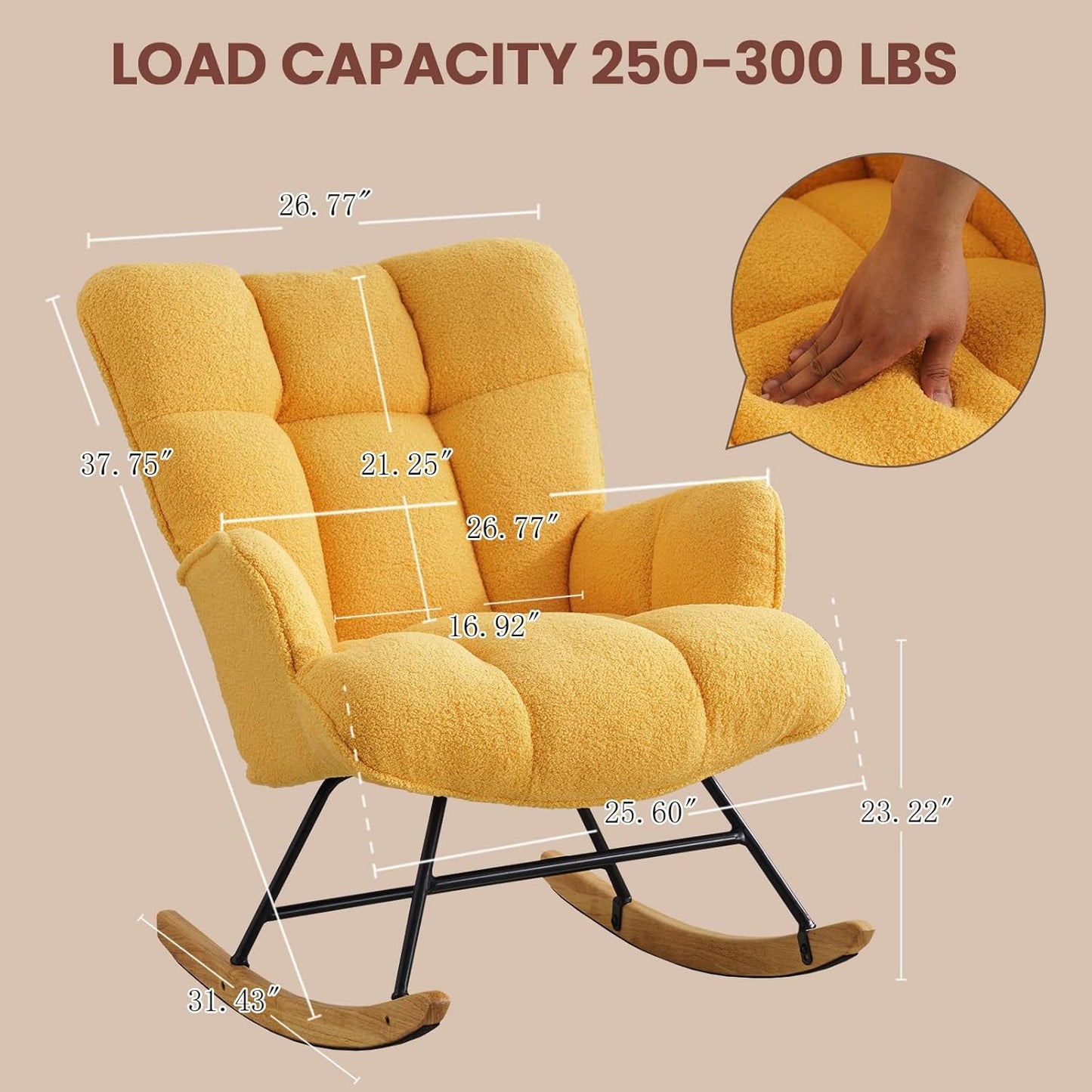 Rocking Chair Nursery Teddy Upholstered Glider Rocker Rocking Accent Chair Padded Seat with High Backrest Armchair Comfy Side Chair for Living Room Bedroom Offices (Yellow Teddy)