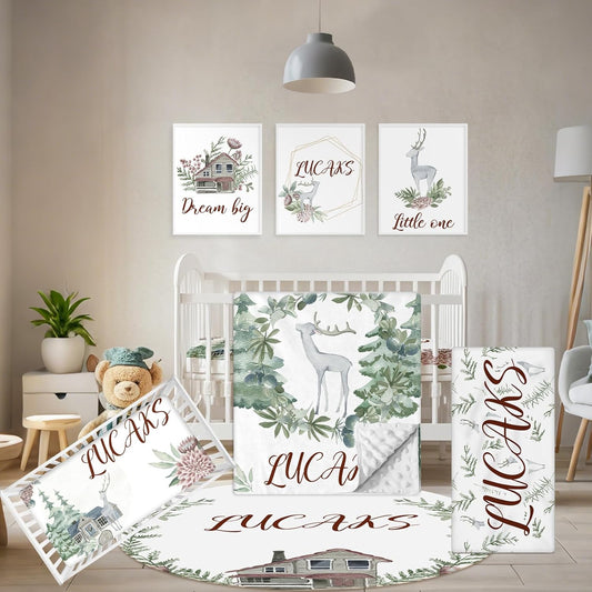 Personalized Baby Bedding Set - 5 Pcs Custom Toddlers Bedding Set with Infant Name - Soft Double Layer Nursery Crib Set for Girls Boys - Customized Infant Gifts for Baby Shower - Forest Deer