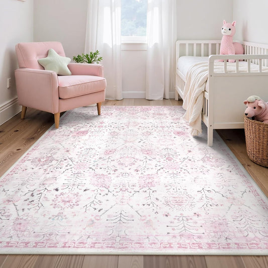 Lahome Nursery Rug 5x7, Soft Kids Rugs for Cozy Bedroom, Washable Boho Purple Carpet for Toddlers Girls Room, Non Shedding Non Slip Pastel Floral Print Thin Simple Carpets