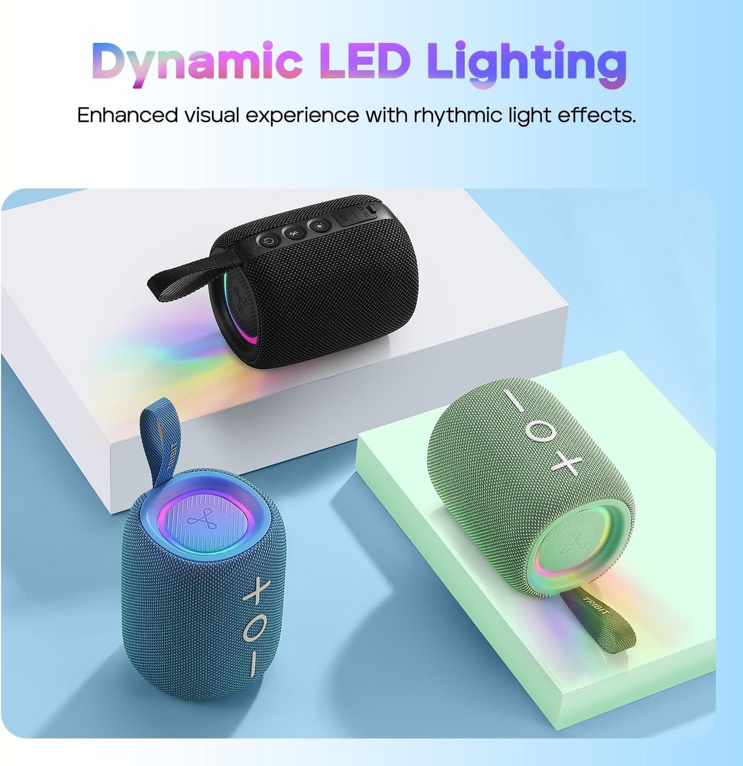 Tribit Bluetooth Speaker StormBox Mini+, 12W Shower Speaker with 360° Sound, 12H Playtime, Custom EQ, BT5.4, IPX7 Waterproof, RGB Lights, Type-C, AAC/SBC, TWS, Portable for Camping/Backyard (Green)