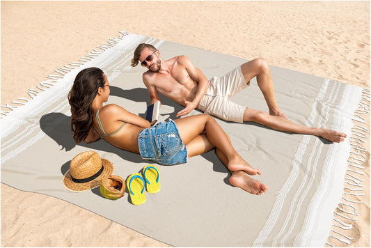 Oversized Turkish Beach Towel Blanket XXL Cotton Sandproof Towels Boho Woven Extra Large Big Sand Free Giant Throw Thick Blankets Huge Quilt XL Picnic Camping Necessities Cloud For Adult Gifts Beige
