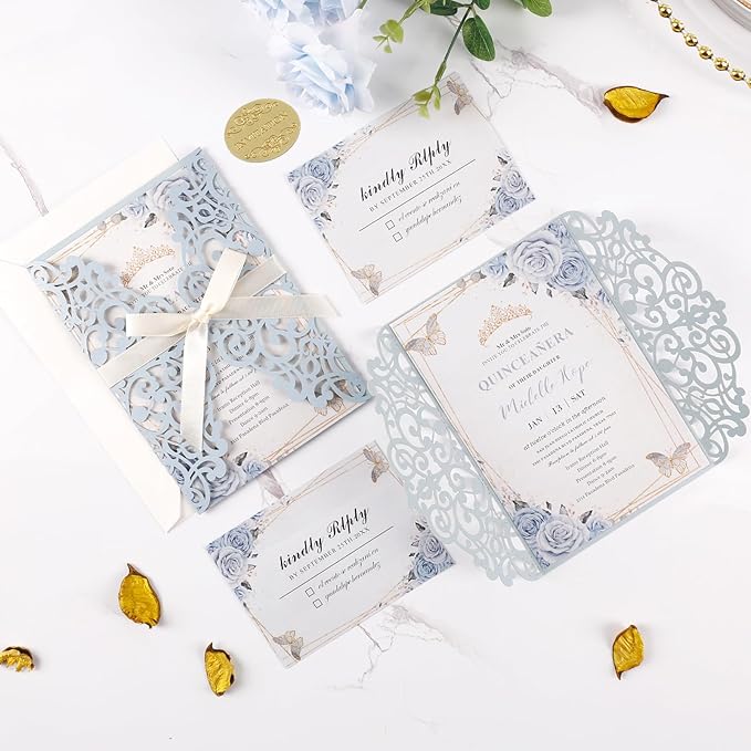 50pcs Laser Cut Wedding Invitation Pockets 5x7 '' Dusty Blue Wedding Invitations Kit With Envelopes Blank Inner Sheet and Ribbon for Wedding Bridal Shower Quinceanera Engagement Party Invite