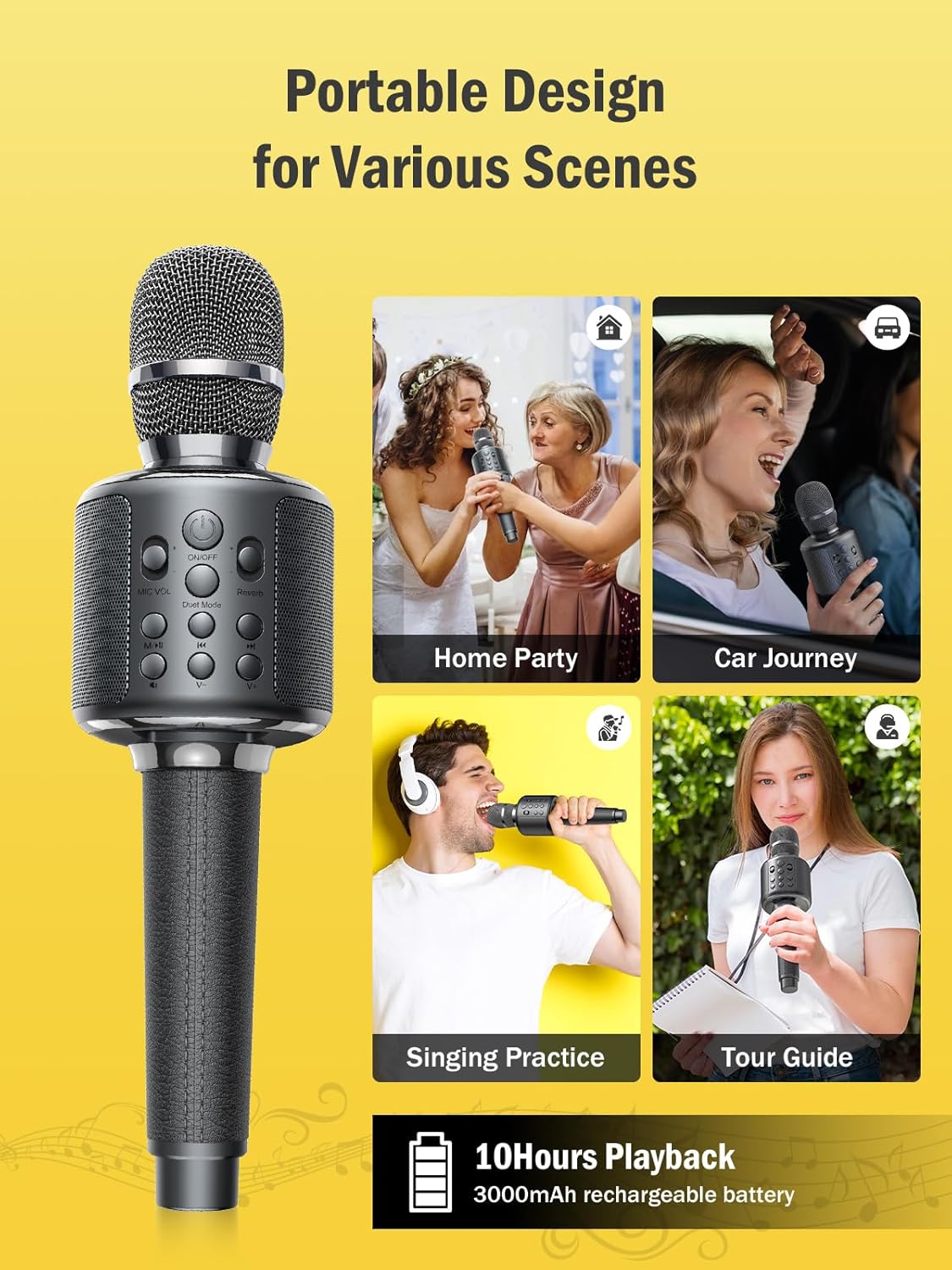 Wireless Bluetooth Karaoke Microphone, Built-in Loud Speaker for 10H Playback, Add Reverb/Duet Mode/Earbuds Monitoring, Portable Karaoke Machine for Entertainment & Singing Practice (Gray)