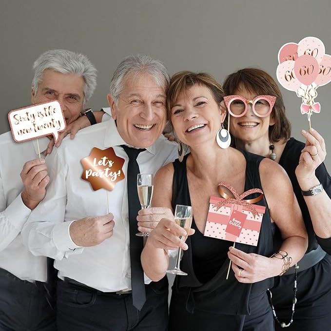 60th Birthday Party Photo Booth Props and Signs, Rose Gold 60 Birthday Party Selfie Props Kit with Sticks for Girls Women, Sixty 60th Happy Birthday Party Decorations Supplies Favors