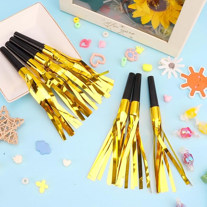 Noise Makers, 24 PCS Gold Noise Makers, Glitter Metallic Fringed Party Blowers Noisemakers Horns for Adults for Birthday Sporting Events Christmas 2025 New Year Eve Party Favor Supplies Decorations