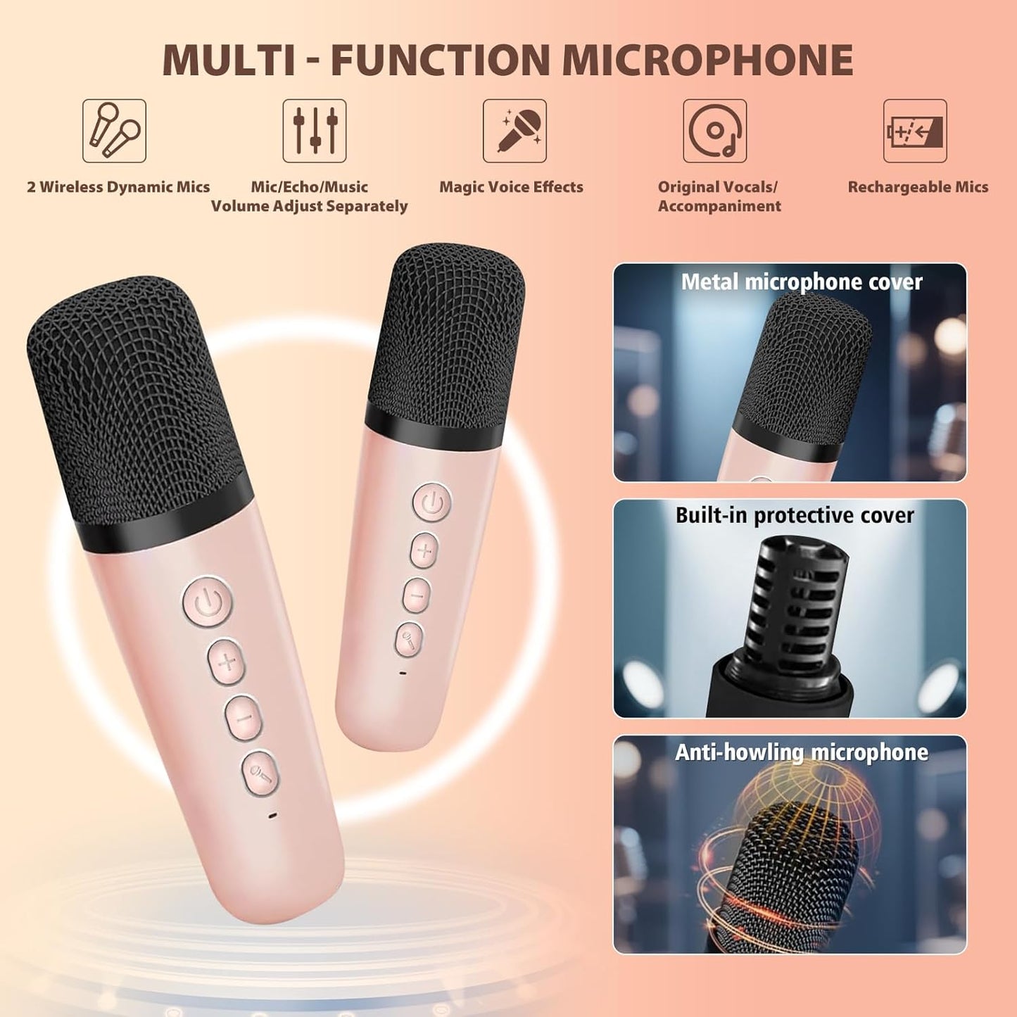 Mini Karaoke Machine for Kids Adults, Portable Bluetooth Speaker with 2 Wireless Microphones, Microphone and Speaker Set with Disco Light for Home Party Christmas Birthday Gift for Girls Boys