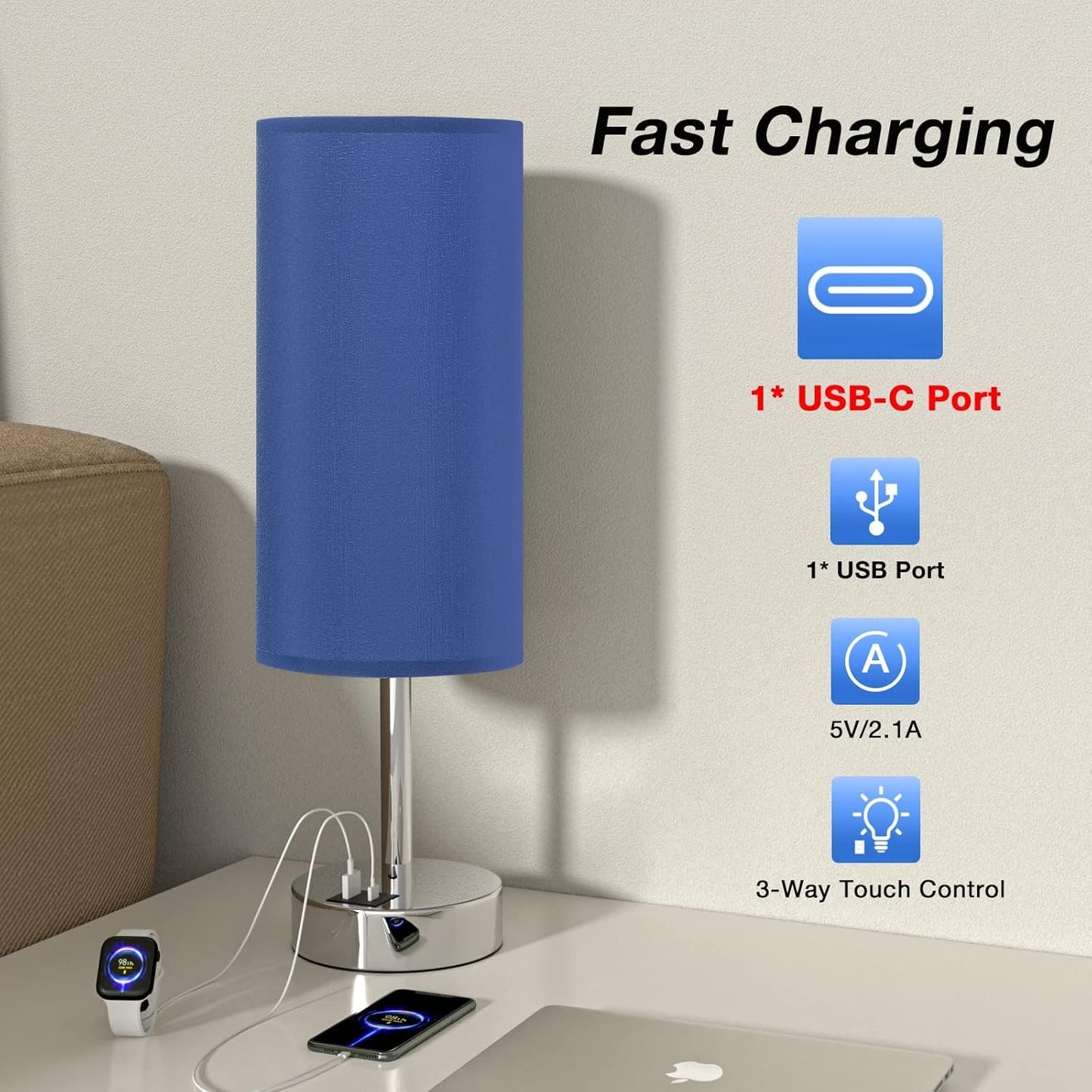 Navy Blue Touch Lamp for Boys - Small Nightstand Lamp with USB-C and USB Charging Ports, 3 Way Dimmable Bedside Table Lamp with Fabric Shade Silver Base for Nursery, Dorm, Office, Reading