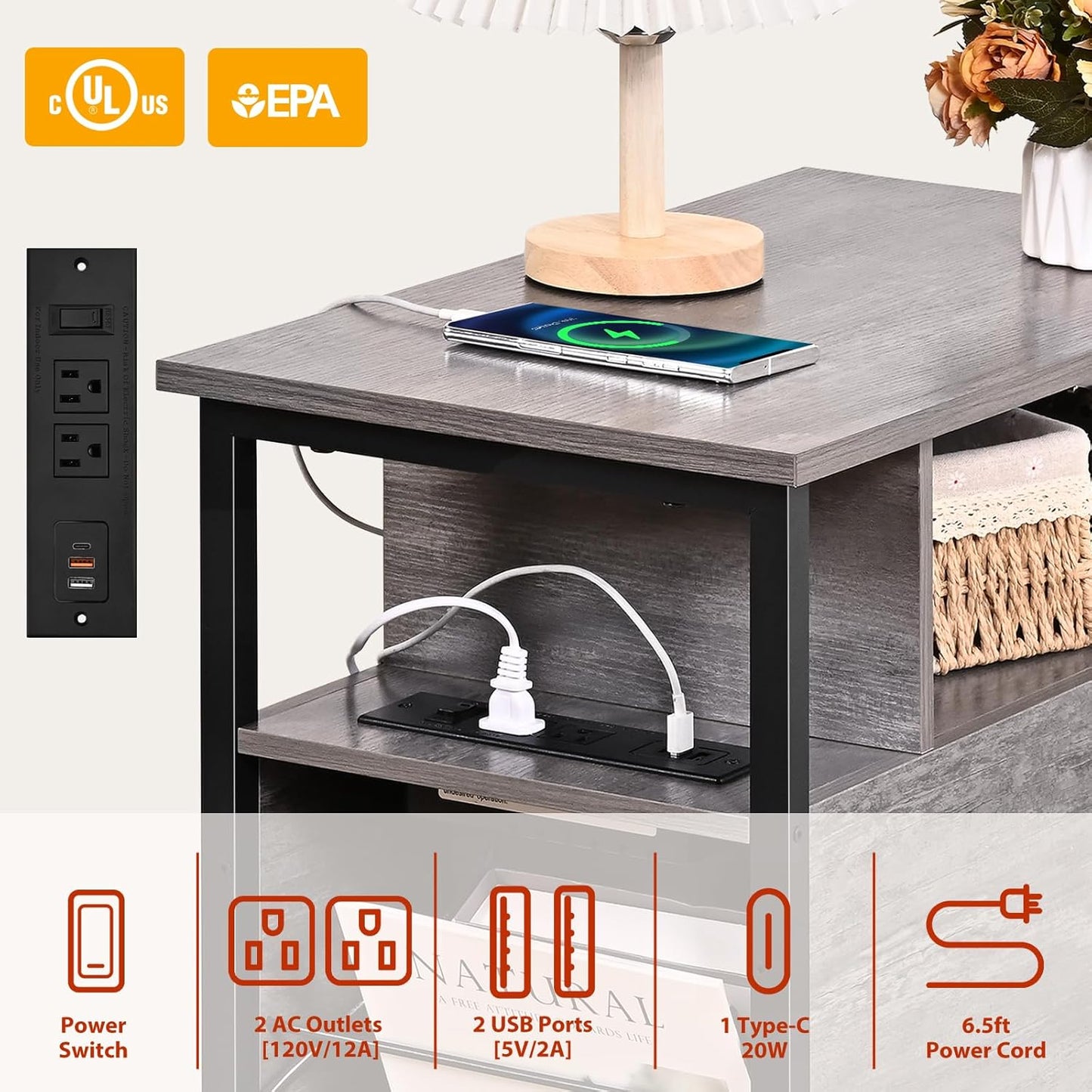 Side Table, Gray End Tables with Charging Station, Narrow End Table with Wooden Drawers, USB Ports and Power Outlets, Nightstand and Bedside Table, Side Table Living Room, Bedroom