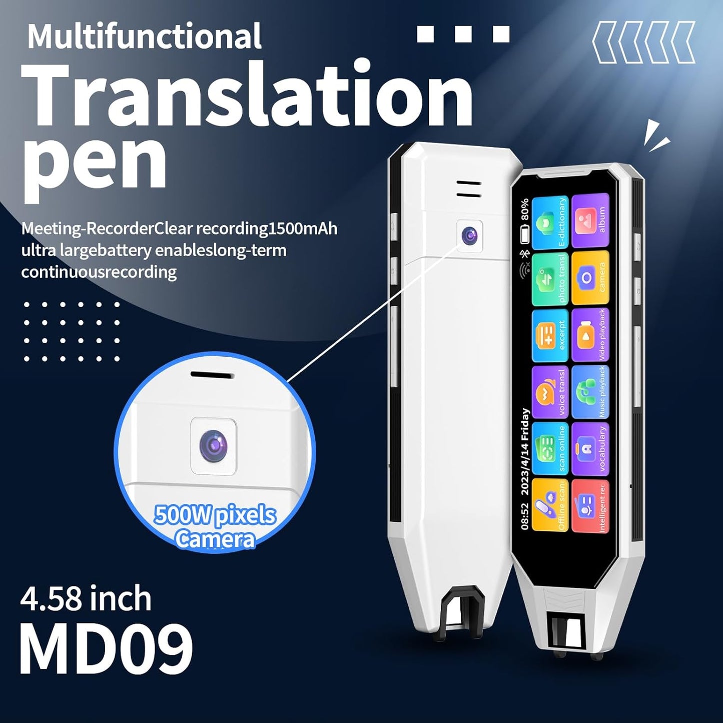 Reading Pen Language Translator Scanner Pen, 142 Languges Real time Two-Way AI Translation Device, 4.58 Inches Screen, HD Sound, Long Battery Life, for Travel Business Learning (White)