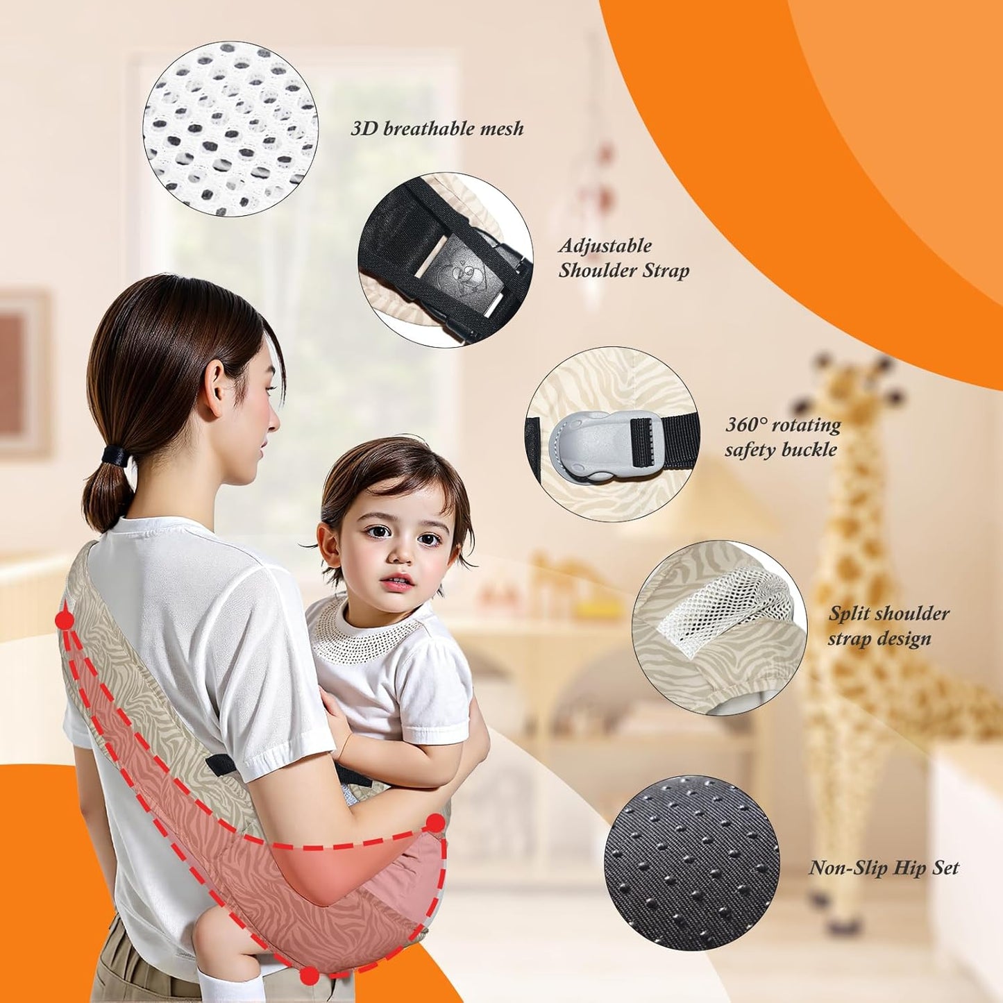 Baby Carrier Newborn to Toddler-Adjustable Baby Sling Carrier,Toddler Carrier for 25-60lbs,Comfortable Baby Sling for Hands-Free Carrying (Beige Zebra Print)