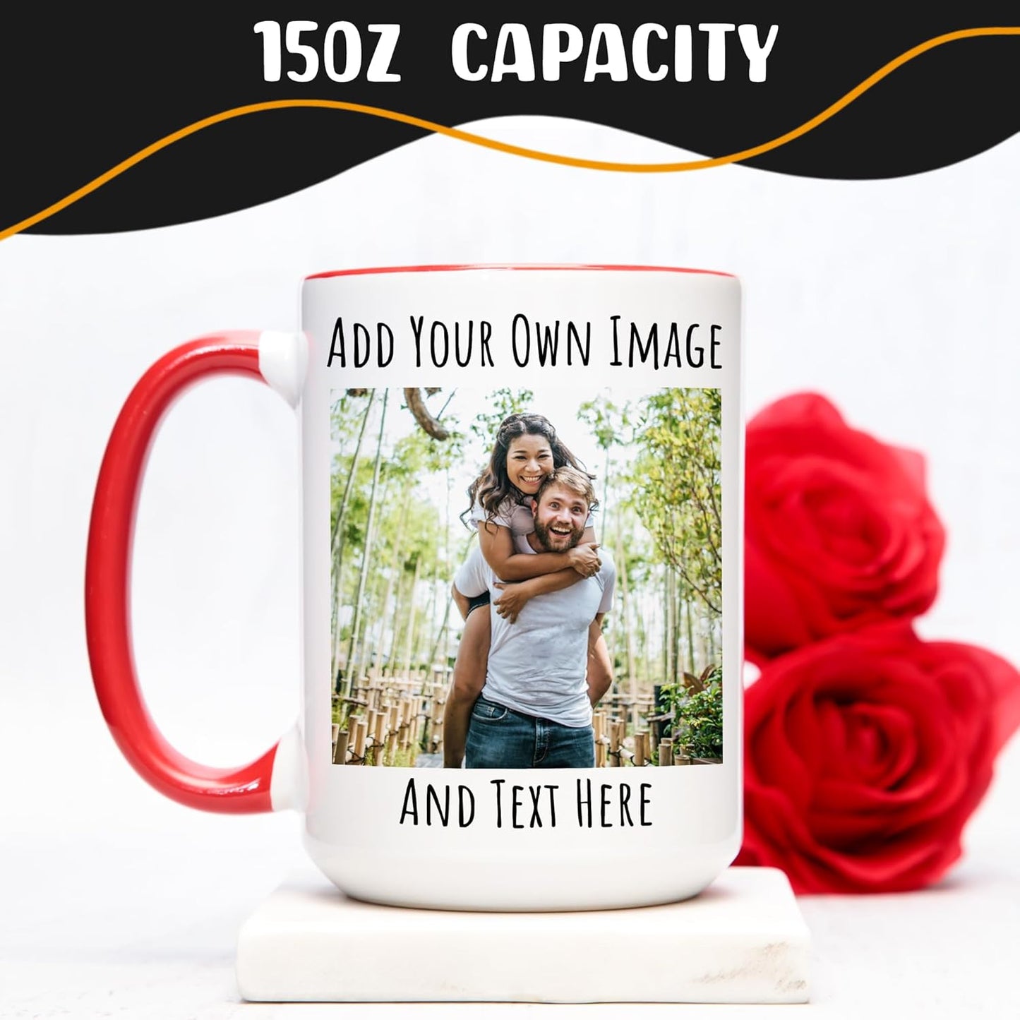 Personalized Coffee Mug 15 Oz, Custom Picture Text or Logo Ceramic Mug, Customized Gift for Men & Women, Taza Personalizada with Photo and Words, Customizable Large Tea Cup | White - Red