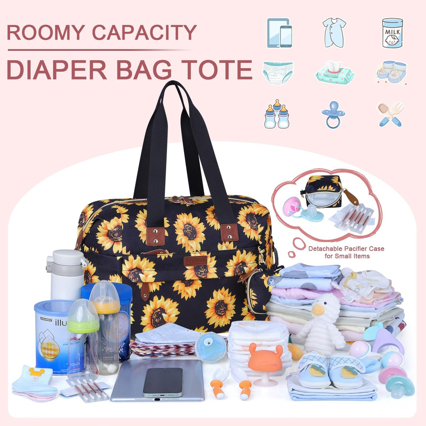 Diaper Bag Tote - Diaper Baby Bags with Pacifier Case, Shoulder Straps, Stroller Clips, Waterproof Large Mommy Bag Maternity Bag Travel Baby Bag for Mom and Dad, Sunflower