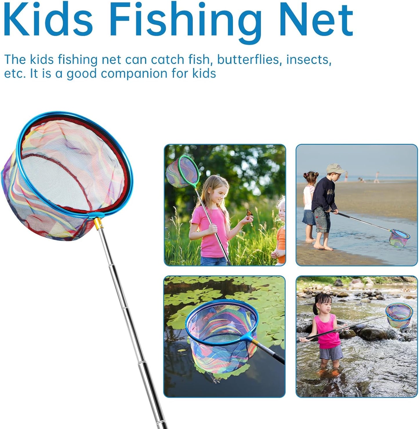 2PCS Fishing Net with Bucket, Telescopic Fishing Landing Net, Collapsible Kids Sand Bucket, Kids Fish Butterfly Catching for Freshwater Saltwater Outdoor Activities