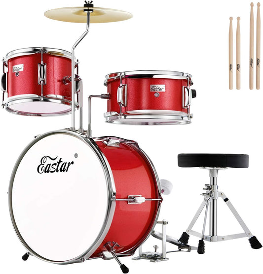 Eastar Drum Set for Kids and Beginners, 3-Piece 14'' Drum Kit with Adjustable Throne, Cymbal, Pedal & Two Pairs of Drumsticks, Junior Drum Set with Bass Tom Snare Drum, Metallic Red