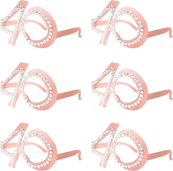 40th Birthday Glasses - 6 Pairs Rose Gold 40 Years Old Glasses with Rhinestones Frame, Funny Plastic Costume Photo Booth Props for 40th Anniversary Party Decorations