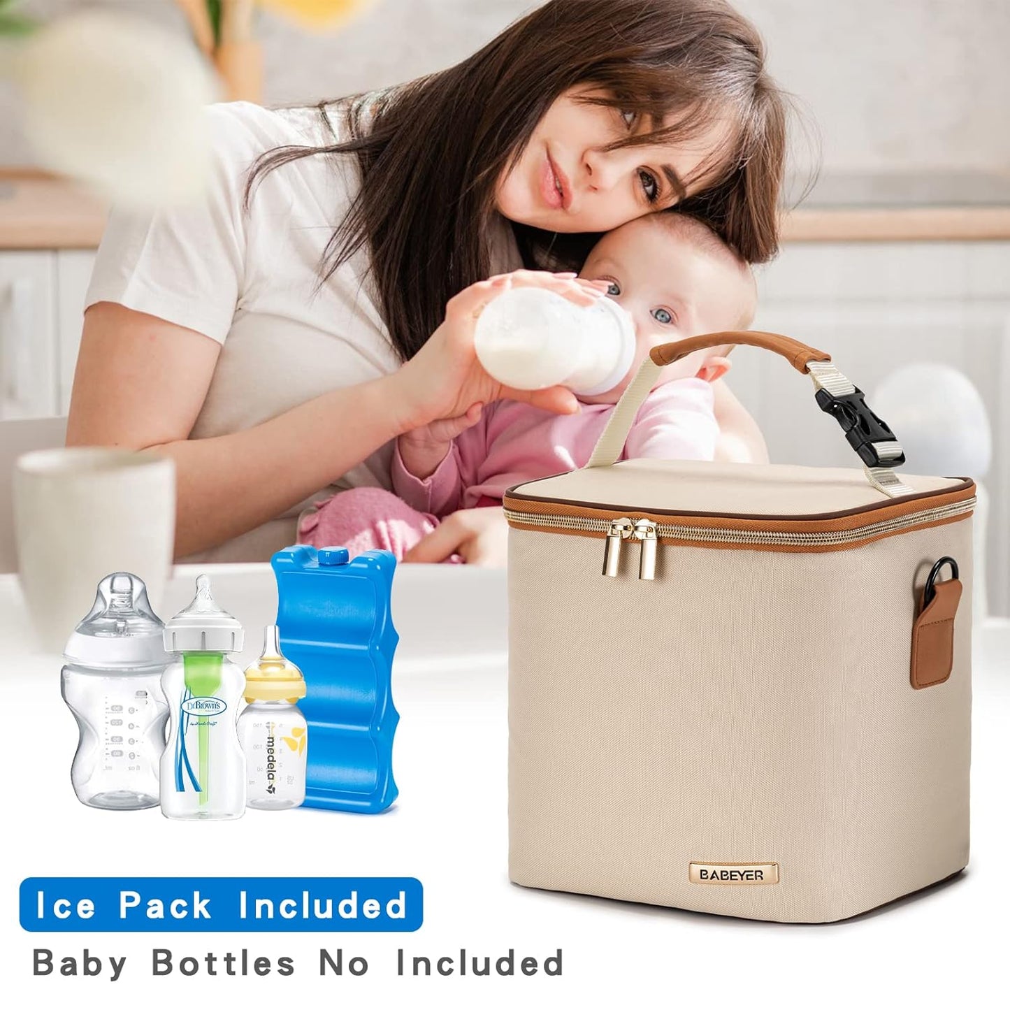 Breastmilk Cooler Bag with Ice Pack Fits 6 Baby Bottles Up to 9 Ounce, Baby Bottle Bag with Shoulder Strap for Nursing Mom Daycare, Cream