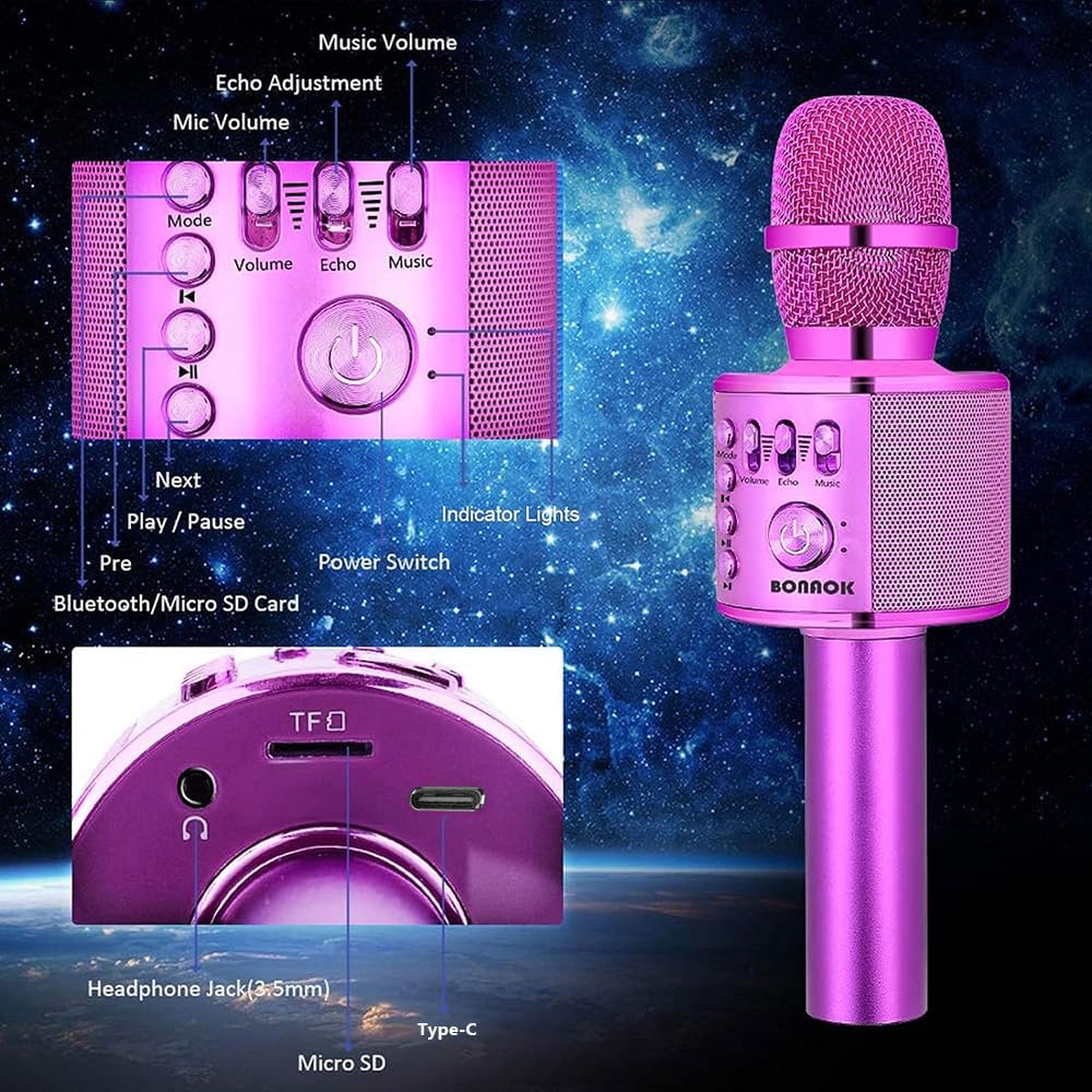 BONAOK Wireless Bluetooth Karaoke Microphone,3-in-1 Portable Handheld Karaoke Mic Speaker Machine Birthday Home Party for PC or All Smartphone (Q37 Purple)