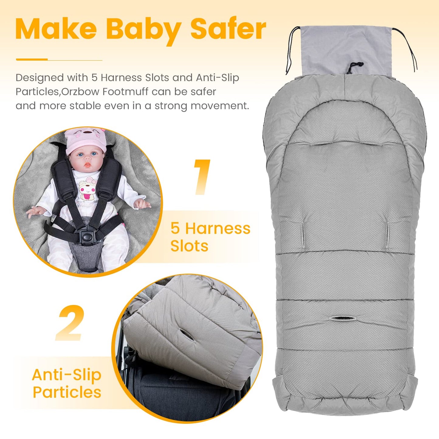 Orzbow Universal Stroller Footmuff, Winter Warm Baby Bunting Bag for Stroller - Cold Weather Zipper Strollers Sleeping Bag, Water-Repellent, Winter Essentials Must Have for Toddler Kids, Light Grey