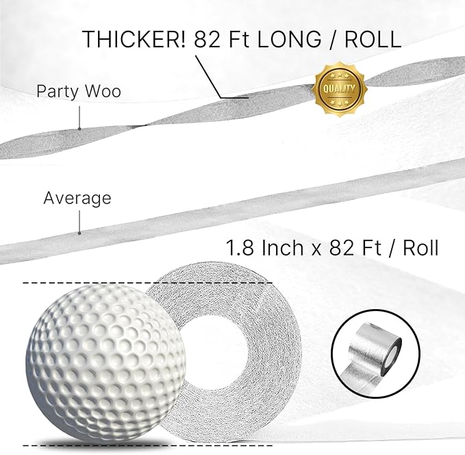 PartyWoo Crepe Paper Streamers 4 Rolls 328ft, Pack of Silver Foil Party Streamers, Party Streamers for Birthday Party Decorations, New Year's Eve Decorations, Wedding Decorations (1.8 In x 82 Ft/Roll)
